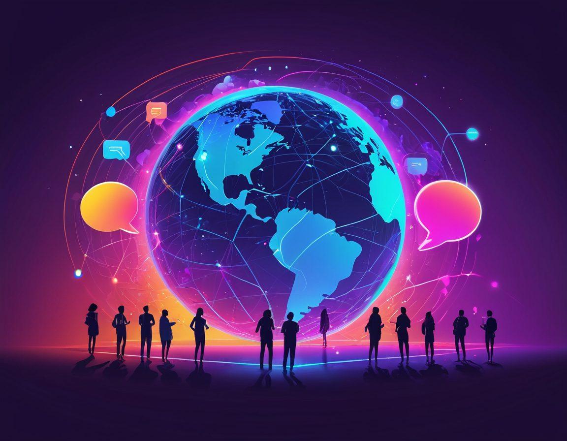 A colorful and interactive digital landscape, with people connected through glowing lines and symbols representing various communication tools like chat bubbles, video calls, and emails. Include a globe at the center with diverse individuals from around the world, engaging in dynamic online interactions. vibrant colors. vector art.