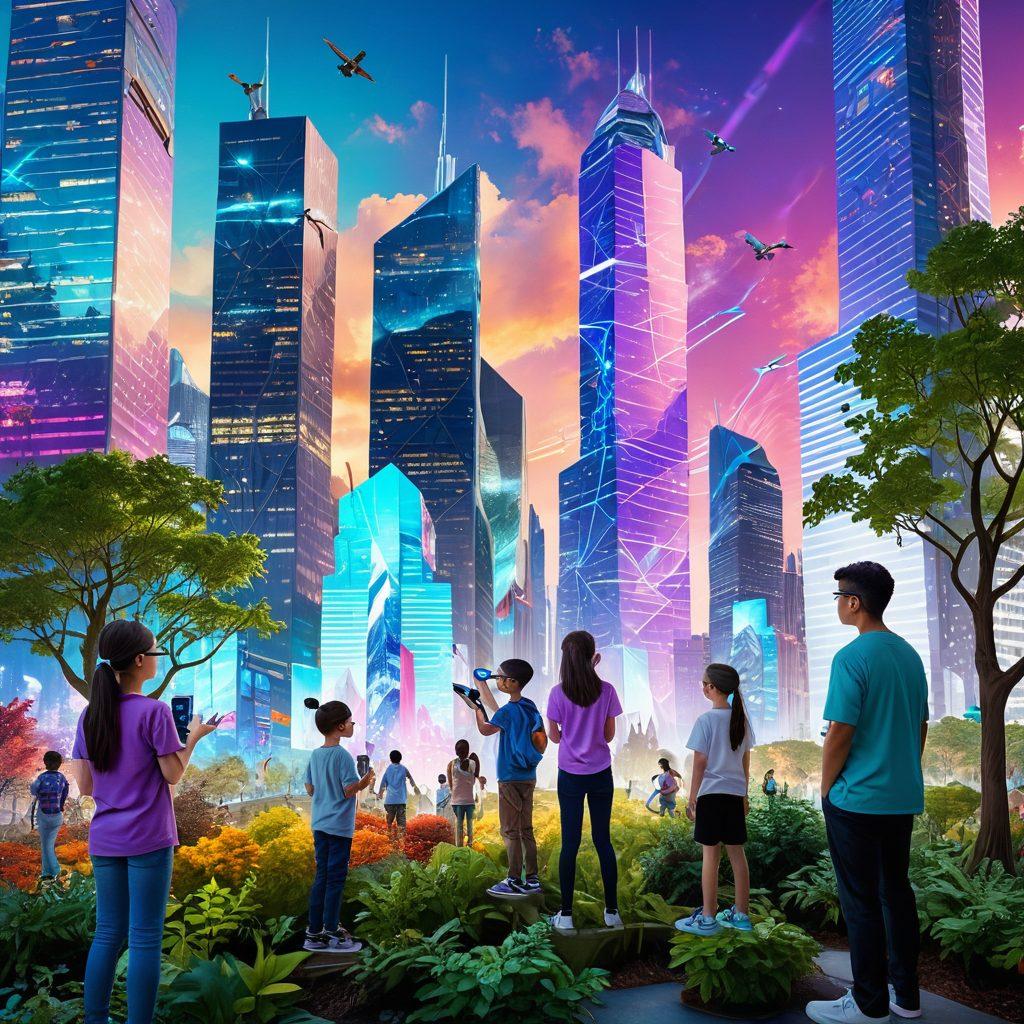 A futuristic cityscape seamlessly blending nature with digital technology; skyscrapers adorned with holographic interfaces, people using augmented reality glasses, and children playing with educational holograms. Diverse community members engrossed in vibrant digital conversations and collaborative projects. Super-realistic. Vibrant colors. High-tech background.